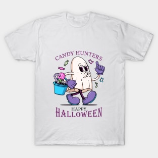 Happy Halloween, Cartoon illustration of a white cloth ghost carrying a tub of candy T-Shirt